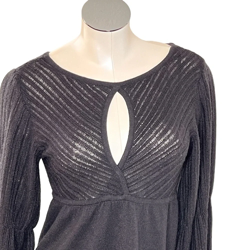 BEBE Black Knit Long Puff Sleeves Front Keyhole Dress LBD Size M